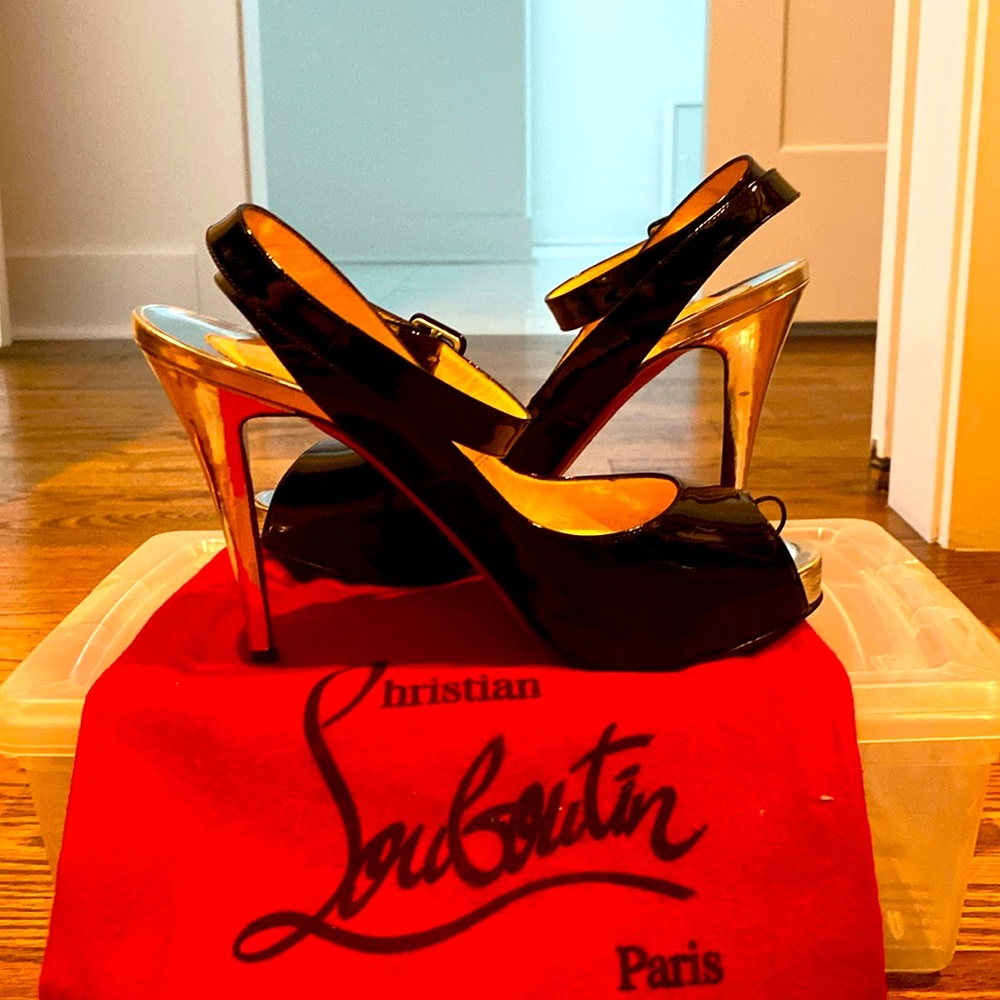 Christian Louboutin size 39.5 Black and Silver ankle strap high stilettos